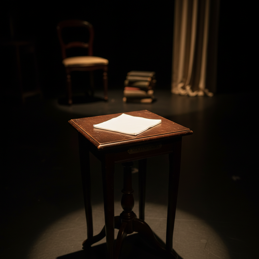 A solitary stage prop from “Mes Sympathies” sits under a focused spotlight: a neatly folded, snow-white cotton handkerchief resting on a small, dark wooden side table with fine carved legs and a slightly worn finish. The stage floor is matte black, absorbing most of the ambient light so that the handkerchief and table float in a pool of warm, golden illumination. Around them, the faint outlines of other props and set pieces dissolve into shadow. Captured in photographic realism from a low, intimate angle, the image uses an extreme shallow depth of field so the handkerchief’s delicate fabric texture and crisp edges are in sharp focus while everything else softens into bokeh. The mood is poignant and introspective, hinting at themes of sympathy and memory in the play.
