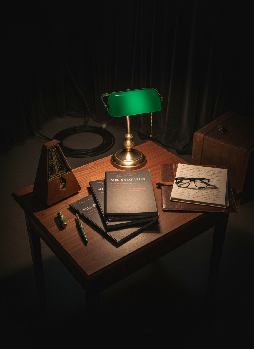 A meticulously arranged director’s desk sits in a dim backstage corner: a dark walnut tabletop scattered with neatly stacked annotated scripts for “Mes Sympathies,” a fountain pen with a marbled barrel, a vintage metronome, and a pair of sleek, black reading glasses resting atop a leather-bound notebook. A soft pool of warm desk-lamp light spills across the surface, leaving the surrounding backstage area in moody shadow, with only vague hints of coiled cables and folded curtains in the background. Captured in photographic realism from a three-quarter overhead angle, the scene emphasizes textures—the smooth paper, worn leather, polished wood, and brushed metal. The composition is balanced yet asymmetrical, conveying a contemplative, intellectual atmosphere that reflects the sophisticated, reflective nature of the theatrical production.