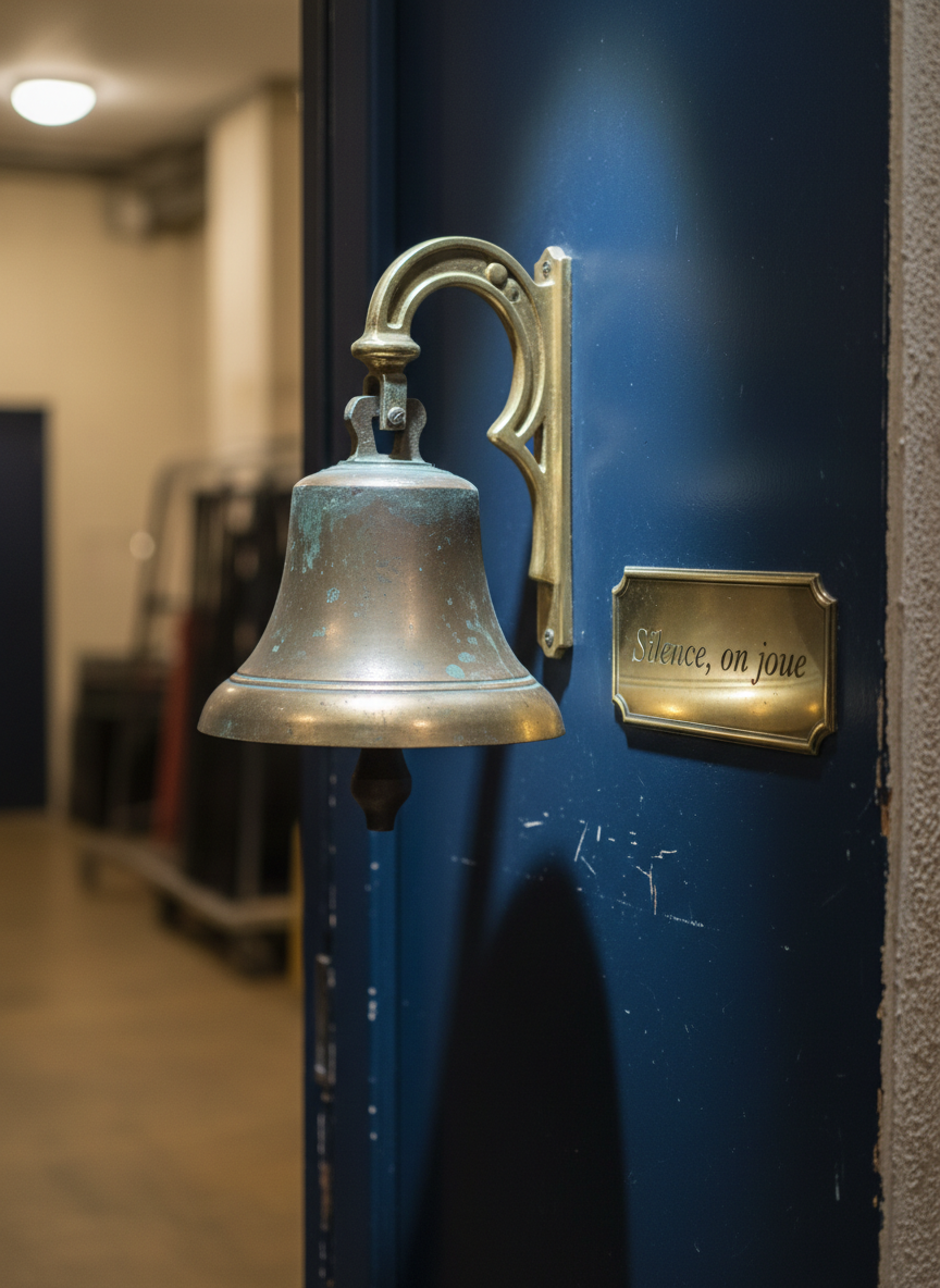 A close-up of an antique brass theater bell, slightly tarnished yet polished on its rim from years of use, hangs beside a deep navy stage door with subtle scuffs and layers of paint history. Beside it, a small engraved plaque reads “Silence, on joue” in graceful serif letters. A narrow shaft of cool, overhead corridor light grazes the metal surface, catching faint reflections and casting a delicate shadow against the textured wall. The photographic composition is tight and elegant, captured at eye level with a shallow depth of field that softens the distant backstage corridor into muted blur. The mood is intimate, secretive, and sophisticated, hinting at the hidden rituals of theater life behind “Mes Sympathies,” aligning with a modern, understated aesthetic.
