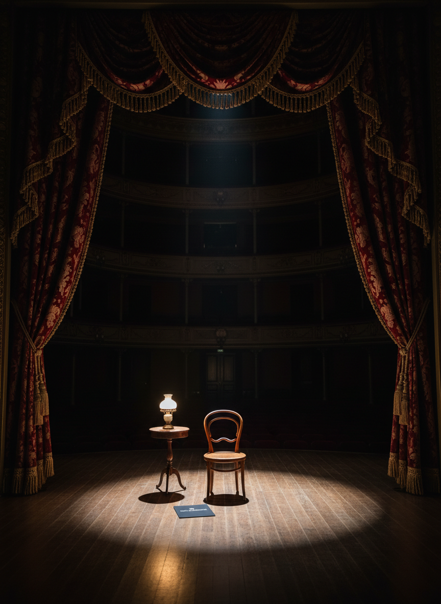 A grand proscenium stage waits in silence, framed by heavy burgundy curtains with intricate gold tassels, partly drawn to reveal a minimalist set: a single polished wooden chair, a small side table with a vintage glass lamp, and a folded black script resting on top. The stage floor is a dark, satin-finished wood that reflects the soft pool of warm spotlight illuminating the center, while the rest of the theater recedes into velvety darkness. Photographic realism captures this scene from a centered, slightly low angle, emphasizing depth and architectural details of the stage arch. The lighting carves gentle shadows that add mystery and drama, creating an atmosphere of introspection and refined theatricality, ideal for presenting a sophisticated play like “Mes Sympathies” without showing any performers.