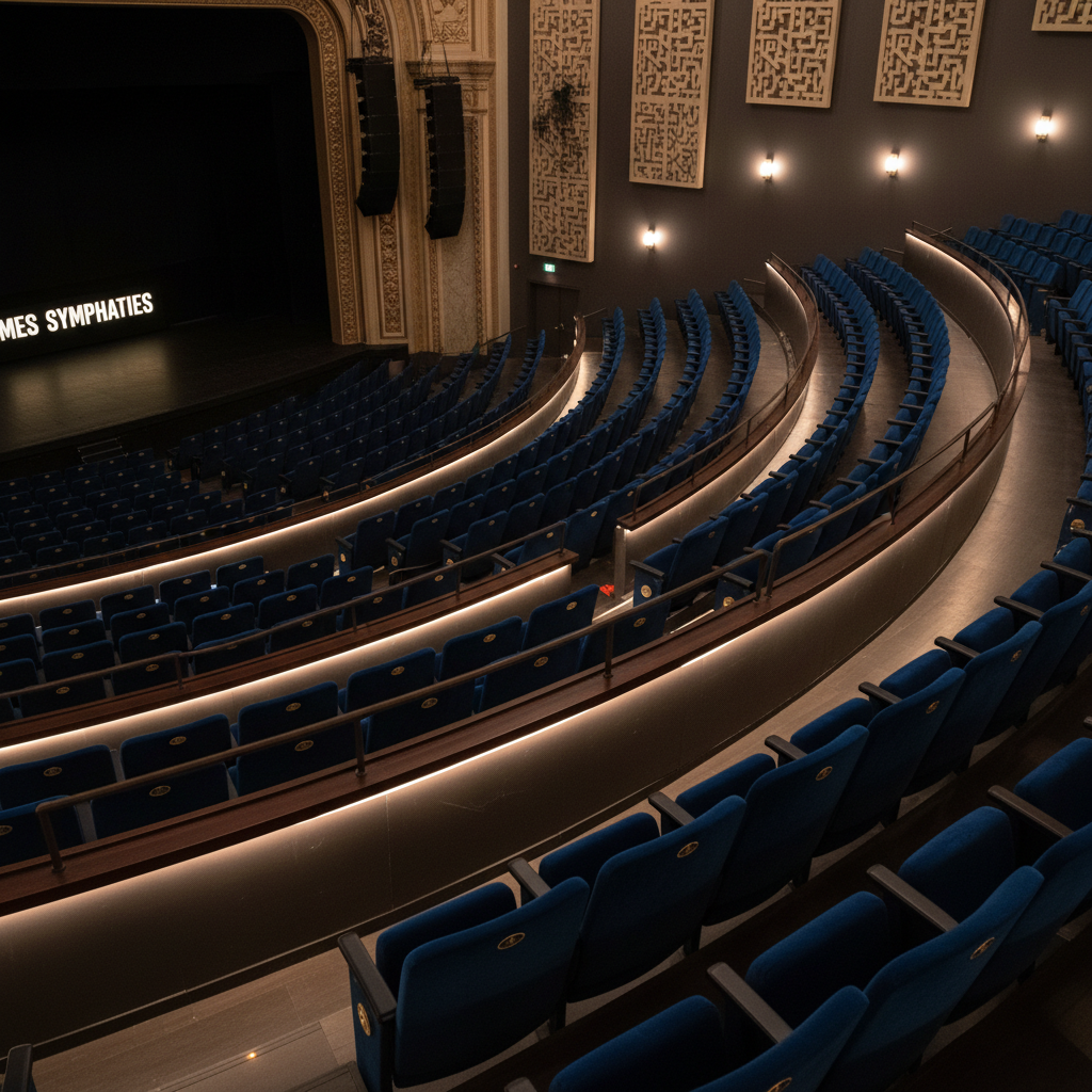 A refined view of an empty theater balcony shows plush midnight-blue seats with brass seat numbers, aligned in perfect rows curving gracefully toward an unseen stage. The front railing is clad in dark-stained wood, subtly carved, with a thin line of integrated LED lighting casting a delicate glow downward. In the distance, ornate acoustic panels and a hint of the stage’s proscenium arch are softly illuminated by low, warm house lights. Photographic realism captures the scene from a high, diagonal angle, emphasizing sweeping curves and depth. The atmosphere is hushed and ceremonial, with sharp focus in the foreground gradually transitioning to gentle blur, evoking the anticipation of an upcoming performance of “Mes Sympathies” in an elegant, contemporary venue devoid of human figures.