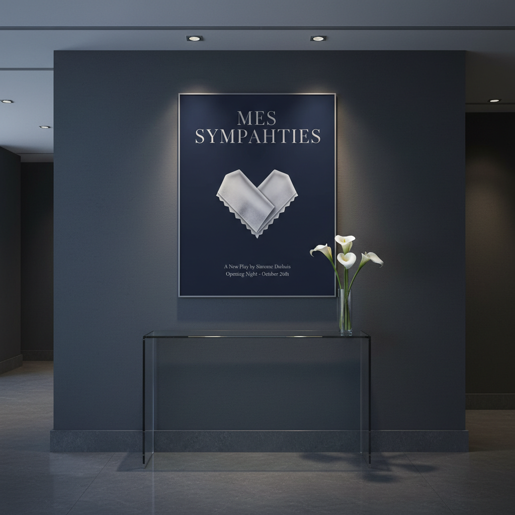 An elegant, minimalist theater poster for “Mes Sympathies” is mounted on a clean, dark slate wall in a modern lobby. The poster features a deep midnight-blue background, subtle metallic silver typography, and a single stylized white handkerchief motif folded into an abstract heart, printed with a soft satin finish. Below, a narrow glass console holds a simple vase with white calla lilies, their curved forms echoing the poster’s refined lines. Discreet recessed ceiling lights cast a gentle, diffused glow, creating soft highlights on the glass and faint reflections on the polished stone floor. Photographic realism captures the scene from a slightly off-center, eye-level perspective, with crisp focus throughout. The mood is calm, cultured, and sophisticated, suggesting a contemporary, high-end theatrical experience without depicting any human presence.